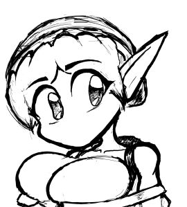 1girls 2d 2d_(artwork) 2d_artwork big_breasts black_and_white blonde_hair boob_window breasts busty cleavage elf elf_ears elf_female elf_girl fantasy female fully_clothed headwear huge_breasts looking_away looking_back medieval no_mouth no_nose simple_background sketch solo solo_female solo_focus tagme white_background zommbay