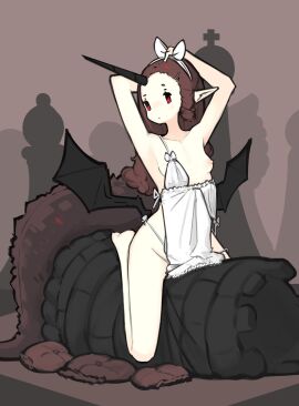 1girls bare_legs bare_thighs breasts brown_hair female hair hair_ornament hands_behind_head horn long_ears long_hair moko_(zako_sketch) nipples one_breast_out original red_eyes simple_background small_breasts white_panties zako zako_sketch