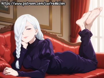 1girls braided_hair breasts clothed female fully_clothed hair_between_eyes hand_on_chin indoors jujutsu_kaisen long_hair looking_at_viewer lying lying_on_stomach mature_female medium_breasts mei_mei_(jujutsu_kaisen) on_couch purple_eyes red_couch redelion seductive seductive_look seductive_smile thick_lips