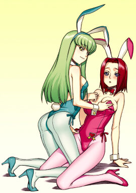 2girls :o amber_eyes ass big_breasts blue_eyes blush breast_grab breasts bunny_ears bunnysuit c.c. code_geass duo embarrassed female female/female female_only green_eyes groping groping_breasts high_heels hijiri_rei kallen_stadtfeld kneeling light_skin looking_at_viewer looking_back open_mouth red_eyes sideboob small_breasts yellow_eyes yuri