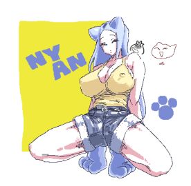 1girls blue_hair cat_ears cat_girl cat_paws catgirl character_request closed_eyes female female_focus jean_shorts kemono leebongchun long_hair nipple_bulge nipples nipples_visible_through_clothing original original_character paw_gloves pawprint shorts solo spread_legs squatting tail yellow_tank_top yellow_topwear