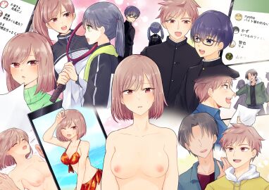 2girls 3boys beach bikini black_hair blue_hair blush breasts brown_hair cellphone female genderswap genderswap_(mtf) glasses green_eyes highres holding_hands implied_sex looking_at_another looking_at_viewer male medium_breasts medium_hair multiple_boys multiple_females multiple_girls multiple_males multiple_views nipples open_mouth original phone ponponsoro ponytail racket red_bikini red_eyes rule_63 school_uniform smartphone swimsuit tennis_racket twintails