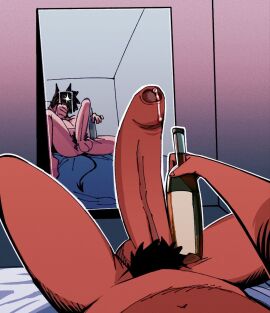 anthro ass balls bed black_hair black_pubes blue_bedding bodily_fluids camera_flash cellphone demon electronics fingernails foreskin furniture genital_fluids genital_focus genitals hair hi_res holding_cellphone holding_object holding_phone holding_smartphone holding_wine_bottle horn imp leaking_precum long_penis lying lying_on_bed male mirror mirror_reflection nails not_furry nude_anthro nude_male on_bed outline penis penis_focus phone pith precum pubes red_balls red_body red_penis red_skin reflection shyguy9 smartphone solo spade_tail tail taking_picture wall_mirror white_outline wine_bottle