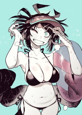 1girls :q antenna_hair bags_under_eyes big_breasts bikini black_bikini black_hair blue_eyes blush breasts cameltoe claws collarbone cowboy_shot crow-chan_(karasu_raven) female karasu_raven looking_at_viewer medium_breasts monster monster_girl original panties pussy smile sweat tongue tongue_out underwear wings