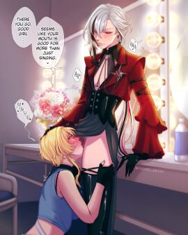 2girls arlecchino_(genshin_impact) bare_shoulders black_hair blonde_hair blush breasts cunnilingus english_text female female_pubic_hair genshin_impact gloves grey_hair hair_between_eyes hand_on_another's_head highres long_hair long_sleeves lumine_(genshin_impact) misa_(cosmic_artsu) multicolored_hair multiple_females multiple_girls nail_polish oral pubic_hair red_pupils short_hair smile streaked_hair two-tone_hair white_hair yuri