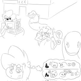 anthro big_breasts breasts canid canine canis caviid domestic_dog duo eyewear female guinea_pig hi_res huge_breasts kuge male mammal monochrome newspaper piku_(kuge) reptile rodent scalie snake spanish_text sunglasses text thought_bubble