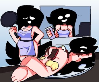 1girls 2d apron_only arcaned_roses black_hair complex_background cooking dannydoesr34_(edit) edit edited female female_only food light-skinned_female light_skin long_hair mystery_(roses_arcaned) naked naked_female on_plate pan pregnant roses_arcaned solo