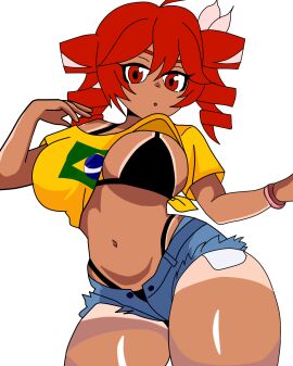 1girls ahoge alternate_skin_color belly big_breasts big_thighs bikini bikini_under_clothes brazilian brazilian_female brazilian_teto breasts carpantino912 crop_top curvaceous curvy curvy_female curvy_figure daisy_dukes dark-skinned_female denim_shorts female female_only g-string hair_ornament hairbow hourglass_figure huge_breasts huge_thighs kasane_teto kasane_teto_(sv) large_breasts large_thighs navel plump_thighs red_eyes red_hair shiny_skin shirt short_shorts shorts simple_background skindentation slim_waist solo solo_female synthesizer_v tanline tanned tanned_skin thick_thighs thighs thong twin_drills utau voluptuous voluptuous_female white_background wide_hips