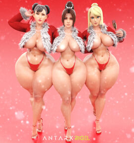 3d 3girls antarxrigel capcom christmas chun-li crossover fatal_fury female female_only hourglass_figure king_of_fighters light-skinned_female light_skin mai_shiranui metroid samus_aran snk street_fighter tagme thick_thighs thong wide_hips