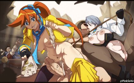 1boy 2girls ace_attorney anime_style anus apollo_justice areola ass asymmetrical_hair athena_cykes big_ass big_breasts big_thighs bikini blue_eyes blue_hair breast_expansion breast_growth breast_growth_(enlargement) breasts cleavage cum cum_in_pussy cum_inside earrings female female_only franziska_von_karma gyakuten_saiban hair_ornament huge_ass huge_breasts huge_thighs karuma_mei male nipple_bulge nipples orange_hair penetration penis penis_in_pussy pinkseito pussy sex shirt_open short_hair smile tagme thick_hips thick_thighs thighs very_long_hair whip