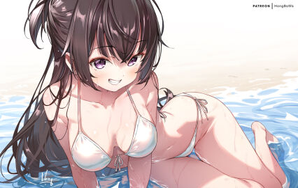 1girls ass_visible_through_thighs bare_arms bare_belly bare_legs bare_shoulders bare_thighs barefoot belly_button bikini blush breasts brown_hair cleavage collarbone feet female female_only hong_(white_spider) long_hair medium_breasts on_side parted_lips partially_submerged pointy_chin ponytail purple_eyes seaside side-tie_bikini_bottom smile solo suou_yuki thighs toes tokidoki_bosotto_russian_de_dereru_tonari_no_alya-san water wet_body wet_hair white_bikini