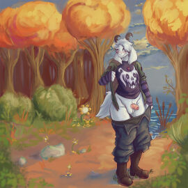 1:1 anthro arino arm_warmers armwear asriel_dreemurr balls bovid caprine clothing deltarune detailed_background digital_media_(artwork) embarrassed erection foreskin fur genitals goat hair hi_res humanoid_genitalia humanoid_penis male male_only mammal outside penis plant sky small_penis solo tail tree uncircumcised undertale undertale_(series) undressing