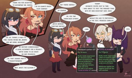 4girls camilla_ealisaid cat_ears cat_girl catgirl dialogue elf fantasy female gameplay_mechanics imminent_sex nicoffee original sierra_dazorelle veridyan