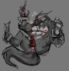 anjinoodles anthro ass asshole breath breath_cloud canine canine_penis chained chained_ankles chained_up claws exposed_anus exposed_ass fur furry grey_background grey_fur holding_leg legends_of_runeterra male male_only muzzle_(object) muzzled nipples paws penis precum red_penis solo solo_anthro solo_male spread_legs tail warwick werecanine werewolf