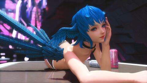 1girls blue_eyes blue_hair collar entelechy final_fantasy final_fantasy_xiv heart_collar_tag iriserretxiv meteion monster_can on_floor outdoors panties panties_only solo solo_female square_enix topless