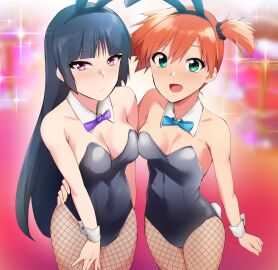 2girls animal_ears asymmetrical_docking asymmetrical_hair bangs bare_shoulders black_hair black_leotard blue_bow blue_hair blush bow bowtie breast-to-breast breast_press breasts bunny_ears bunnysuit cleavage clothing cowboy_shot detached_collar fake_animal_ears female female_only fishnet_legwear fishnets green_eyes high_resolution human jpeg kaiga kasumi_(pokemon) large_breasts legwear leotard long_hair looking_at_viewer medium_breasts multiple_females multiple_girls neckwear open_mouth orange_hair playboy_bunny pokemon pokemon_rgby ponytail purple_bow purple_bowtie purple_eyes purple_neckwear sabrina_(pokemon) short_hair side_ponytail small_breasts smile strapless strapless_leotard tail thighs tied_hair wrist_cuffs