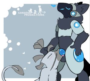 2024 animated anthro blush bodily_fluids duo erection genital_fluids genitals hi_res looking_pleasured machine male male/male nude oral penis protogen simple_background smile sock_(vegashasfrozenover) sonofan standing tongue