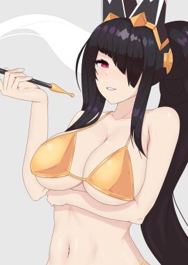 1girls bikini breasts cassandra_(dragalia_lost) cygames dragalia_lost eye_covering_bang female female_only golden_bikini golden_week hair_accessory hair_covering_eye hexel hexel_chan holding_object large_breasts milf nintendo ponytail red_eyes swimsuit swimwear