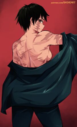 1girls 2024 2d 2d_(artwork) artist_name breasts dashi_art female female_only green_eyes green_hair human human_only jujutsu_kaisen light-skinned_female light_skin looking_at_viewer looking_back muscle_mommy muscles no_sex open_clothes open_jacket pants partially_clothed patreon questionable realistic_proportions rear_view red_background scar scars_all_over short_hair sideboob solo solo_female tomboy toned toned_female topless zenin_maki