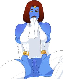 1futa artist_request balls blue_skin futa_only futanari intersex lowres marvel marvel_comics mutant_(marvel) mystique penis raven_darkholme red_hair solo spread_legs supervillainess testicles uncensored x-men yellow_eyes