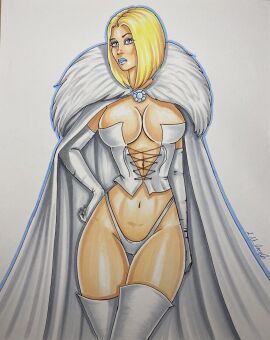 artist_request big_breasts blonde_hair blue_eyes blue_lipstick breasts cape cleavage corset emma_frost female fur_collar hellfire_club marvel marvel_comics opera_gloves panties thighhighs traditional_media traditional_media_(artwork) white_queen x-men