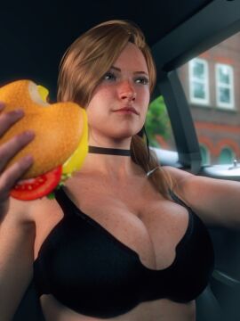 1girls 3d big_breasts breasts burger bust busty car chest cleavage curvaceous curvy curvy_figure female food freckles ginger ginger_hair hips hourglass_figure huge_breasts large_breasts legs light-skinned_female light_skin mature mature_female morgan_tylle_(word2) original original_character red_hair slim_waist word2