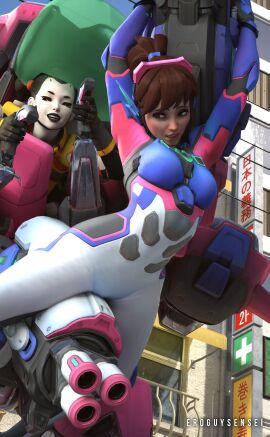 2024 2girls 3d arms_up artist_name asian asian_female black_hair black_lipstick black_sclera blizzard_entertainment bodysuit breasts brown_hair d.va eroguysensei fanart female female_only hinotori_kiriko kiriko_(overwatch) large_breasts lipstick mech multiple_females multiple_girls orange_eyes outdoors outside overwatch overwatch_2 solo_focus tagme