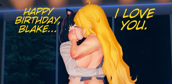 2girls arrancon black_hair blake_belladonna blonde_hair canon_couple female koikatsu koikatsu_(medium) lesbian_kiss multiple_females multiple_girls rwby yang_xiao_long yuri