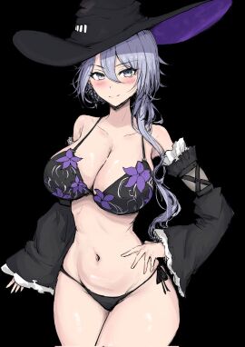 1girls belly_button black_background black_lingerie black_panties blush bra bra_bikini breasts cleavage detached_sleeves female female_only grey_eyes grey_hair hat huge_breasts light-skinned_female light_skin lingerie looking_at_viewer panties phase_connect phase_origins sakiya shisui_michiru simple_background solo virtual_youtuber witch witch_hat