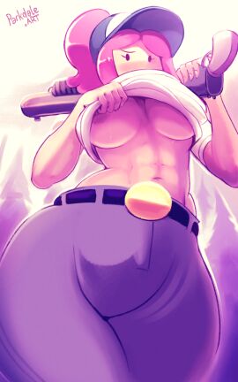 2d adventure_time areola_slip areolae baseball_cap belt belt_buckle big_breasts breasts female full_color fully_clothed gun hat muscular muscular_female no_penetration parkdale pink_body pink_hair pink_nipples princess_bubblegum purple_pants shotgun solo solo_female tagme thick_thighs underboob white_shirt