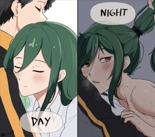 1boy 1girls e_v_o_n_0 akihitoevon crusch_karsten dominant_male english_text female fucked_from_behind fucked_into_submission horny implied_sex looking_at_partner looking_back looking_pleasured male meme natsuki_subaru pulling_hair re:zero_kara_hajimeru_isekai_seikatsu rough_sex sometimes_like_this_also_like_that text