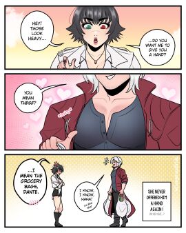 1boy 1girls 2d anger_vein black_hair capcom comic dangerousbride dante_(devil_may_cry) devil_may_cry devil_may_cry_(series) devil_may_cry_5 dialogue english_text female funny green_eyes heterochromia lady_(devil_may_cry) male pecs red_eyes scar_on_nose speech_bubble text text_box very_high_resolution white_hair