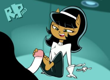 barefoot black_hair chalkboard cup dark-skinned_female dark_skin dick female footjob green_eyes hairband kitty_katswell long_hair male penis sitting smile solo t.u.f.f._puppy teacup