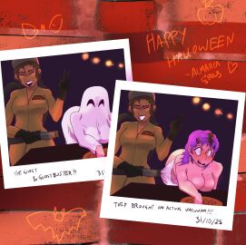 2025 2girls accidental_exposure almarcagirls assisted_exposure before_and_after big_breasts black_hair blush breasts brown-skinned_female brown_skin clothed_female_nude_female clothes_removed clothes_sucked_off earrings embarrassed embarrassed_nude_female enf english_text ghostbusters_(cosplay) halloween halloween_2025 halloween_costume halloween_party light-skinned_female light_skin nipple nude nude_female photo photo_(medium) photo_(object) purple_hair smile stripped suction text vacuum