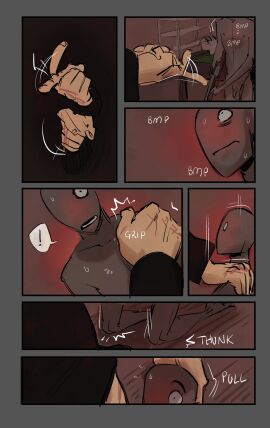 blush buckshot_roulette come_hither comic comic_panel dealer_(buckshot_roulette) gun hand_on_shoulder male male_only nervous nightmare_husbando on_knees pulling scar scar_on_hand shotgun sweat twistedxteeth