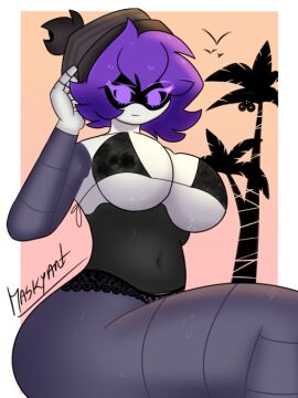 1girls 2d almost_naked almost_nude artist_name artist_signature ass beanie big_breasts bikini breasts female female_focus female_only glitch_productions humanoid humanoid_female humanoid_only masky_art murder_drones navel outside palm_tree panties purple_eyes purple_hair robot robot_girl robot_humanoid screen_face signature simple_background solo solo_female solo_focus sweating thick_ass thick_thighs tree uzi_(murder_drones) watermark white_border