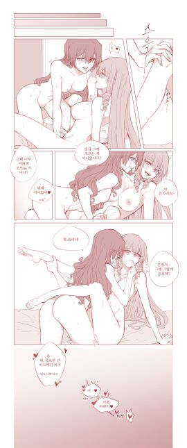 absurdres after_kiss akuma_no_riddle blush breasts commentary_request completely_nude drill_hair female fingering frottage hand_on_another's_face hand_on_another's_leg highres inukai_isuke kneeling korean_text large_breasts legs_up long_hair looking_at_another medium_breasts nipples nude on_bed parted_lips pussy pussy_juice sagae_haruki saliva saliva_trail sitting smile speech_bubble spread_legs suki_(pixiv_2938281) sweat translation_request trembling yuri