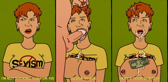 artist_request big_breasts blowjob breasts college_feminist_(king_of_the_hill) cum cum_in_mouth cum_on_breasts cum_on_face dollar_bills earrings fellatio female hair_grab king_of_the_hill large_breasts male money pierced_nipples piercings prostitution red_hair redhead short_hair