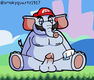 1boy anthro artist_name balls clothing digital_drawing_(artwork) digital_media_(artwork) elephant elephant_mario elephantid english_text facial_hair genitals hat headgear headwear hi_res male mammal mario mario_(series) moustache nintendo nude overweight overweight_male penis proboscidean proboscis_(anatomy) smokyquartz1917 solo super_mario_bros._wonder tail text trunk_(anatomy)