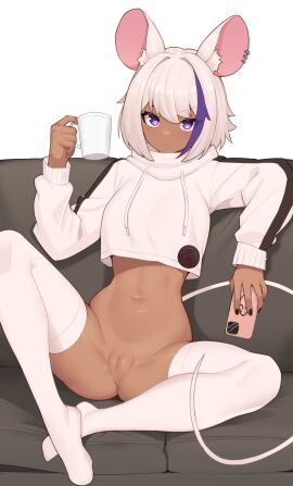 2d 2d_(artwork) 2d_artwork absurd_res big_ears bottomless character_request crop_top crop_top_hoodie cup dark-skinned_female dark_skin ear_piercing female hi_res highres holding_cup holding_object legwear long_tail looking_at_viewer midriff moursho mouse_ears mouse_tail navel not_caring on_couch painted_nails phone purple_eyes pussy sitting sitting_on_bed tagme tagme_(character) tail tan-skinned_female tan_skin tanned tanned_female tanned_skin thighhighs thighs uncensored vagina white_background white_hair white_hoodie