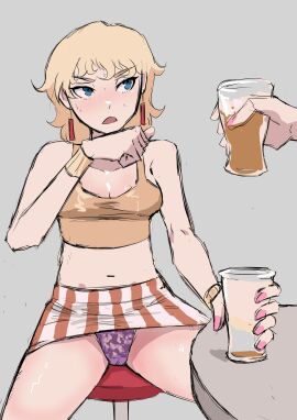 1girls bella_(biku) biku blonde_hair blue_eyes blush bracelet breasts cleavage earrings female grey_background have_to_pee navel original panties pantyshot pink_nails purple_panties short_hair simple_background spread_legs striped_clothing striped_skirt sweat underwear