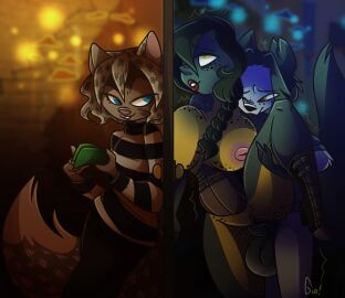 amphibian anthro clothing corset domestic_cat elizabeth_(oc) felid feline felis female frog group hi_res lingerie male male/female mammal nastygio penetration prostitution pussy serafine_(oc) stacker_(oc) sweater topwear trio vaginal_penetration