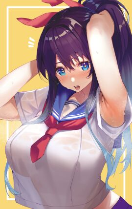 1girls :o absurd_res adjusting_hair aqua_hair armpits arms_behind_head arms_up big_breasts blouse blue_eyes blue_sailor_collar blush breasts crop_top crop_top_overhang female gradient_hair hair_between_eyes hair_intakes heart heart-shaped_pupils hi_res looking_at_viewer multicolored_hair neckerchief open_mouth original purple_hair purple_skirt red_neckerchief sailor_collar school_uniform see-through_clothes serafuku shirt short_sleeves sidelocks simple_background skirt solo steam surprised sweat symbol-shaped_pupils teeth tongue udon_(udonalium) upper_body upper_teeth white_shirt yellow_background