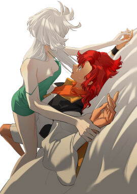 2girls absurdres asticassia_school_uniform blue_eyes breasts camisole cleavage female green_camisole green_shorts gundam gundam_suisei_no_majo highres holding_another's_wrist jacket long_hair medium_breasts miorine_rembran multiple_females multiple_girls open_clothes open_jacket open_mouth red_hair school_uniform shorts simple_background snapagi strap_slip suletta_mercury tears thick_eyebrows white_background white_hair white_jacket white_shorts yuri