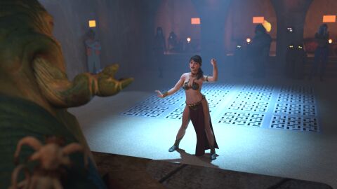 belly_dancer belly_dancer_outfit breasts brown_eyes brown_hair cleavage dancer dancing female femsub jabba's_palace jabba_the_hutt jawa jess_(star_wars) loincloth long_hair medium_breasts ponytail qi'ra rodian slave slave_bikini slave_collar slave_girl slave_leia_(cosplay) slave_outfit star_wars submissive_female