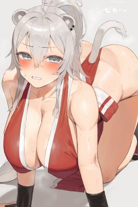 absurdres all_fours animal_ears breasts cleavage commentary_request cosplay fatal_fury female frikulu grey_background grey_eyes grey_hair highres hololive japanese_clothes large_breasts lion_ears lion_girl lion_tail long_hair looking_at_viewer ninja ponytail shiranui_mai shiranui_mai_(cosplay) shishiro_botan solo sweat tail the_king_of_fighters virtual_youtuber
