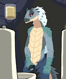 animated anthro bathroom bodily_fluids bottomwear capcom clothed clothing desperation fanged_wyvern flaccid genital_fluids genitals grey_body hair holding_penis hopful_anomenoe imminent_peeing male male_only monster_hunter omorashi open_bottomwear open_clothing open_pants pants peeing penis public public_restroom shirtless_male short_playtime shy_bladder solo solo_male tobi-kadachi urinal urinal_peeking urine white_hair
