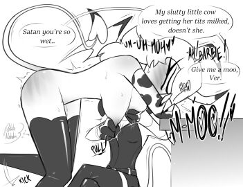 2024 2_horns 4_fingers animal_noises barbie_wire belt bent_over big_breasts black_text blush bodily_fluids bondage bottomwear breast_milking breast_size_difference breasts closed_eyes clothing cow_print cow_print_armwear cowplay crossed_legs demon demon_humanoid dialogue dirty_talk dominant duo english_text eyelashes female female/female female_humanoid fingers genital_fluids greyscale hair hair_over_eye helluva_boss horn humanoid imp lactating leaning_on_object legwear long_hair medium_breasts membrane_(anatomy) membranous_wings milking moan monochrome mooing mostly_nude_female mostly_nude_humanoid nipple_fetish nipple_grab nipple_play nipple_pull petplay potatonebula pussy pussy_juice_on_leg roleplay shirt side_view signature sitting size_difference skirt small_dom_big_sub sound_effects spade_tail spank_marks spanking speech_bubble stuttering submissive succubus sweat tail talking_to_another talking_to_partner tank_top text thigh_highs topwear vaginal_fluids verosika_mayday verosika_mayday_(helluva_boss) wings