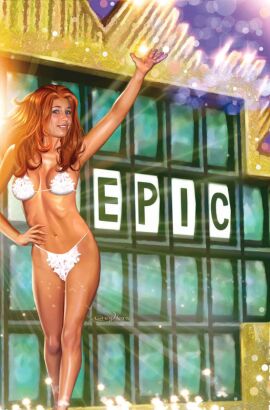 bikini bra comic_cover game_show greg_horn grey_eyes marvel marvel_comics panties red_hair white_bra white_panties