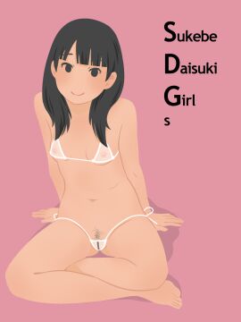 afunai bar_censor bikini black_eyes black_hair breasts censored crossed_legs female highres hirokouji_ayano_(afunai) long_hair looking_at_viewer micro_bikini navel nipples original pubic_hair simple_background sitting small_breasts smile swimsuit